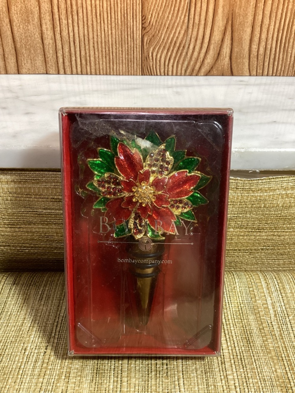 Bombay Red and Green Poinsettia Wine Bottle Stopper with Gold Accents